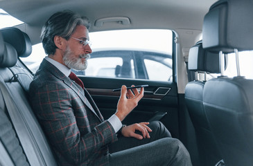 Modern stylish senior man with grey hair and mustache talking by the phone inside automobile