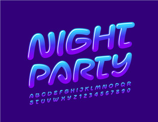 Vector colorful logo Night Party. Bright rotated Font. Glossy Alphabet Letters and Numbers