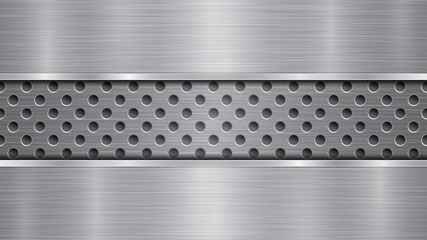 Fototapeta na wymiar Background in silver and gray colors, consisting of a perforated metallic surface with holes and two horizontal polished plates located above and below, with a metal texture, glares and shiny edges