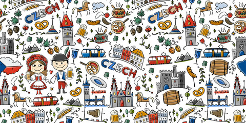 Czech Republic. Travel illustration with Czech landmarks, people and food. Seamless pattern design