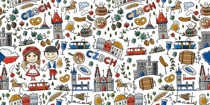 Czech Republic. Travel illustration with Czech landmarks, people and food. Seamless pattern design