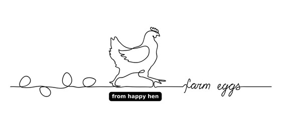Hen or chicken vector outline,doodle with eggs. Farm eggs lettering, text. One continuous line drawing. Minimal, simple background for label design. © alstanova@gmail.com