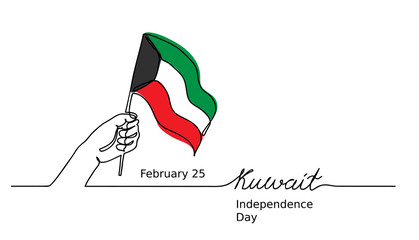 Kuwait Independence Day vector doodle background with hand, flag and lettering. One continuous line drawing background of Kuwaitian flag.