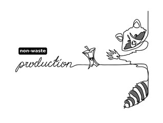 No waste, zero waste vector concept.  Rational use, non-waste production illustration. One continuous line drawing of  raccoon and apple core.