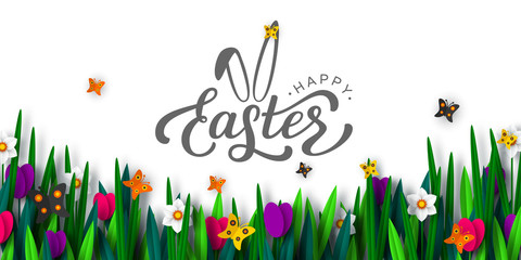 Happy Easter background with paper cut spring flowers tulip and narcissus, butterfly, hand written calligraphy. Spring flower border. Vector. - obrazy, fototapety, plakaty