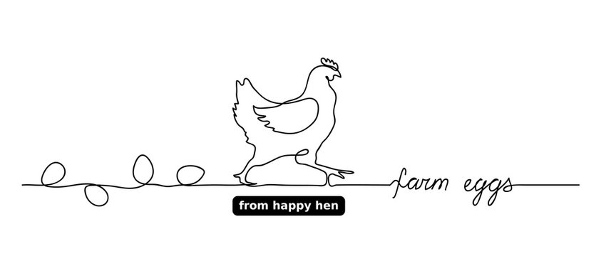 Hen or chicken vector outline,doodle with eggs. Farm eggs lettering, text. One continuous line drawing. Minimal, simple background for label design.
