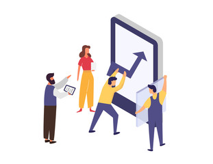People working together on growing results. Digital technology, vector illustration