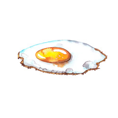 Illustration of realistic fried egg. Watercolor hand painted isolated elements on white background. Close up view.