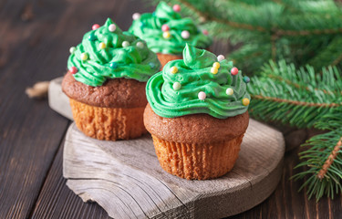 Decorated cupcakes with Christmas tree branch
