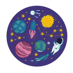 Outer space adventures: astronaut, flying rocket, satellite, comet, Sun, stars, constellations, Saturn, Earth and other planets. Vector illustration in cute cartoon style