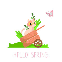 Vector flat illustration with cute beige cat in spring. A cartoon cat sits in a garden cart in the garden with a butterfly. Text on the postcard: Hello Spring!