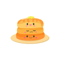  Vector illustration with cute kawaii pancakes. Cartoon happy pancakes with butter for breakfast. Isolated on a white background.