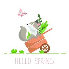 Vector illustration with cute fox. Greeting card with text: Hello Spring. Cartoon fox sits in a cart with flowers and looks at a butterfly. Illustration for children.