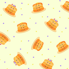 Vector pattern with cute kawaii pancakes. Cartoon happy pancakes with butter and fruit for breakfast. Pattern of elements located in different directions.