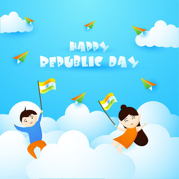 Happy Republic Day of India celebration on 26th January. Vector illustration. Childrens celebrating indian republic day with india flag.