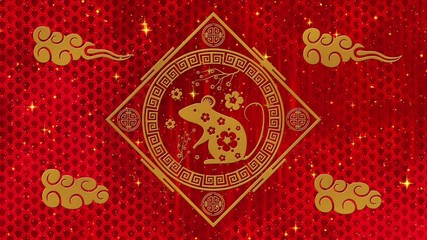 Lunar New Year, Spring Festival background with golden rat, sakura, glittering silk dragon pattern. Chinese new year red paper backdrop for holiday event. 3D rendering.Seamless loop 4k