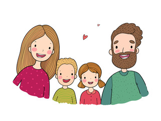 A happy family. Parents with children. Cute cartoon dad, mom, daughter, son and baby.