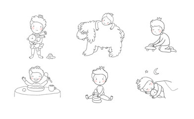 Cute cartoon baby playing with toys and a dog. Cute boy eats porridge and sleeps. little prince