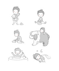 Cute cartoon baby playing with toys and a dog. Cute boy eats porridge and sleeps. little prince