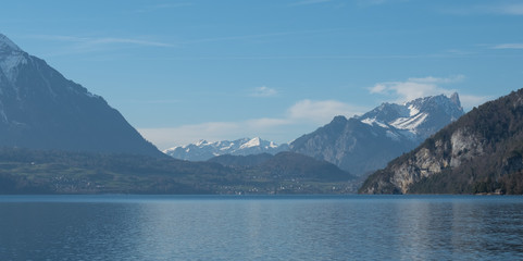 Lake Thun near the town of Spietz, Interlaken, Switzerland, photographed on a clear day whilst on a boat tour of the lake in mid winter.