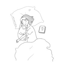 Sleeping beautiful young girl and a cute pugs. Funny Favourite pet puppy under blanket. Vector