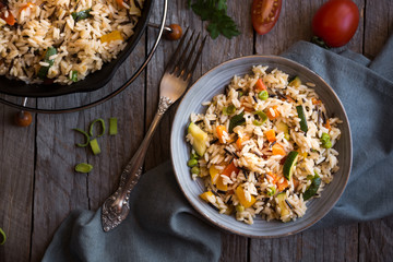 Rice with mixed vegetables, healthy vegetarian food