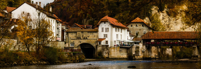 Landscape with historic medieval houses in Friburg, Switzerland