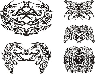 Ornate symbols created by horse head with falcon elements. Double unusual symbols for tattoo, embroidery, prints, etc. Black on White