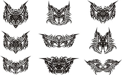 Mask for carnival - decorative eyes. Masquerade masks in the shape of animals and butterflies, patterned design. Black on White