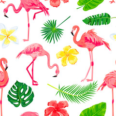 Pink flamingos, jungle leaves and tropical flowers seamless pattern. Vector illustration.