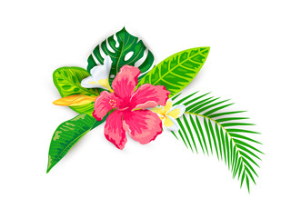Tropical exotic leaves, hibiscus and plumeria flowers, vector illustration isolated on white background. Design element for poster, web, flyers, invitation, postcard, t-shirt, SPA, sticker. © Natalia