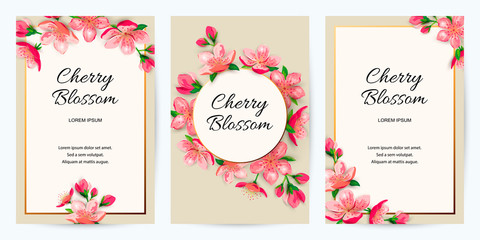 Spring invitations with blossom sakura, cherry flowers. Place for text. Great for oriental ivite, flyer, beauty offer, wedding, bridal shower, poster, baby shower, Mother's and Woman's day.