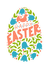 Happy Easter. Decorative hand drawn Easter egg from spring flowers and lettering. Line art vector illustration.
