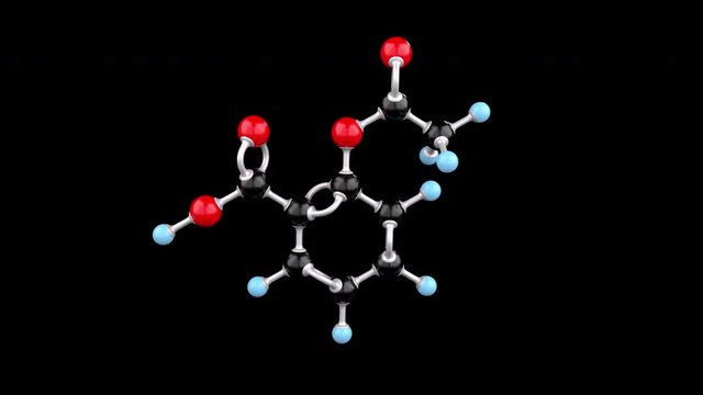 A rotating molecule of acetylsalicylic acid. 4k endless loop video animation with ProRes 4444 codec and alpha channel.