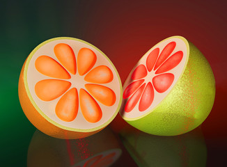 3d illustration of half cut orange lime on blue background