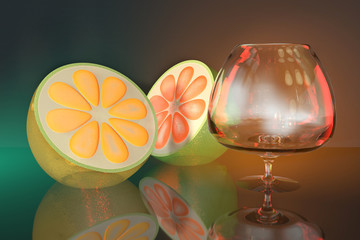 3d render illustration of lemon lime half cognac glass and gold balls art still life
