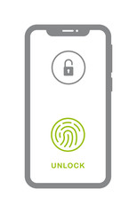 Vector image of smart phone with unlocking using fingerprint. Isolated on white background.