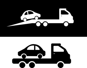 Tow truck and car on a white background. Icon. Black and white. Vector illustration.