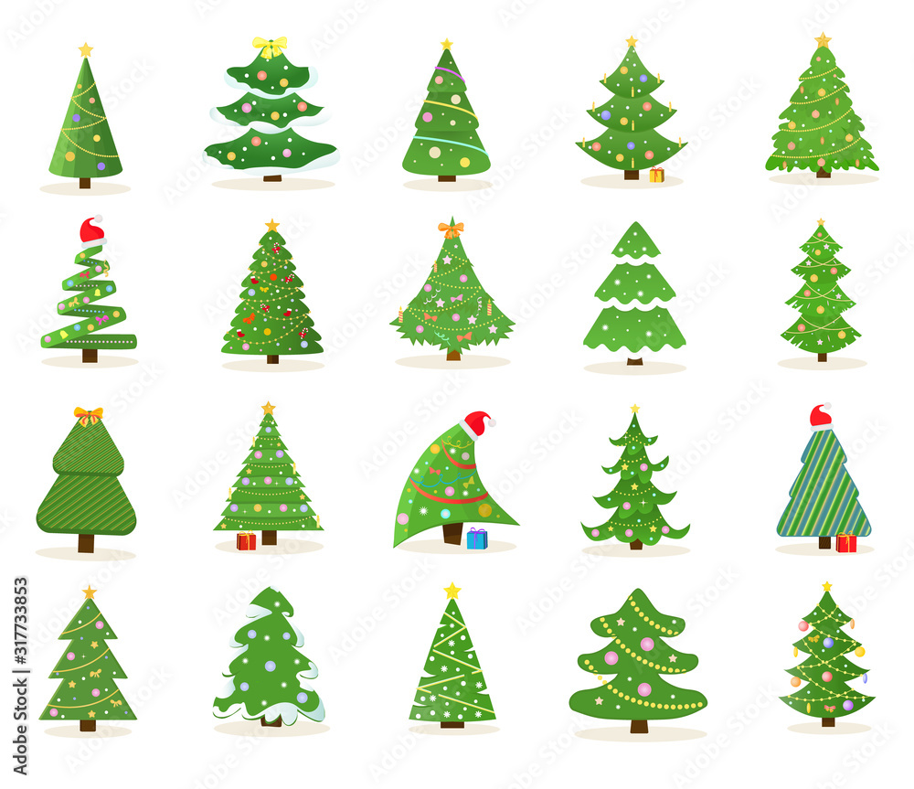 Poster large set of decorated green christmas tree icons in different shapes and designs for use as vector 