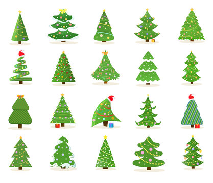 Large set of decorated green Christmas tree icons in different shapes and designs for use as vector design elements on white