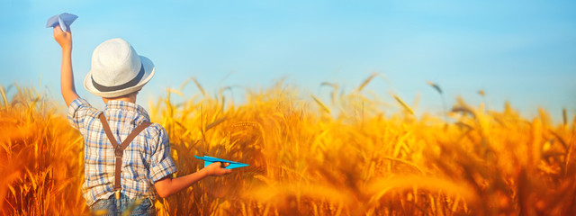 Banner Cute child walking in the wheat golden field on a sunny summer day. Nature in the country. Back view. Concept travel.