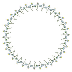 Round frame with beautiful vertical chamomile on white background. Isolated floral frame for your design. Vector image.