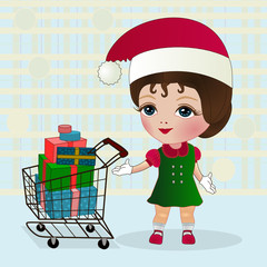 girl in a santa hat stands near a supermarket trolley full of shopping and smiling, color vector illustration 