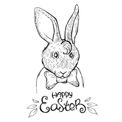 Ink pen easter rabbit on white background. Happy Easter. Vector illustration. Perfect for greeting card, invitation, postcard, print.