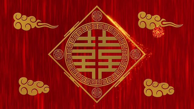 Lunar New Year, Spring Festival background with Double Happiness, simbol, clouds, glittering stars. Chinese new year red paper backdrop for event. 3D rendering animation. Seamless loop 4k video