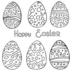 Hand drawn Easter eggs with doodle ornament on white background. Vector. Cartoon Egg drawing. Spring holiday card. Perfect for coloring book, print, greeting card.