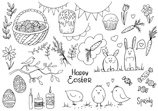 Set of doodle easter elemetns isolated on white. Basket with colored eggs, rabbit, carrots, tulips, glazed cake, candle, chick. Vector illustration. Perfect for coloring book, greeting card, print.