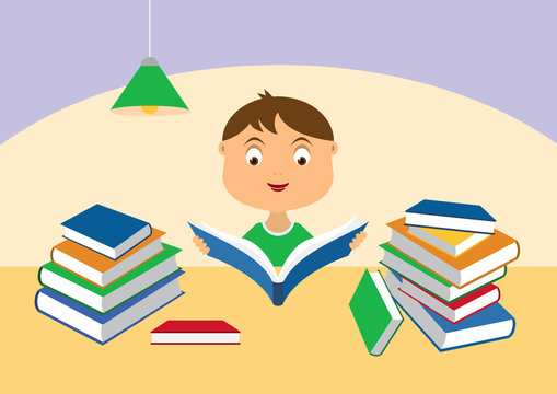Little reader with a stack of books vector. Little boy reading a book vector.  Boy with pile of books cartoon character. Little reader vector illustration. Student with books