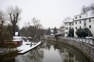 Houses on the river in winter