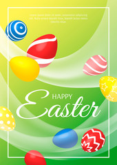 Happy Easter card with flying decorated eggs and transparent white waves on the green background. A4 Vector illustration for card, postcard, poster, flyer, banner, sale, commercial.